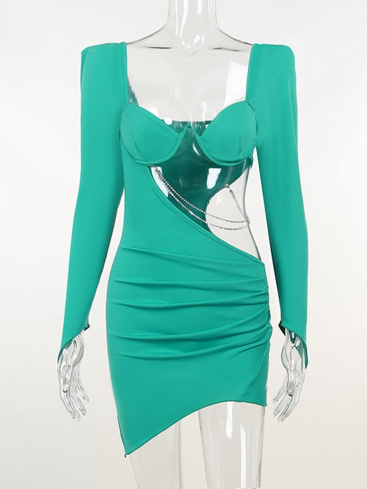 Boho Camis Dress, Party Bodycon Boho Mini Dress, Diamond Chain Hollow Out, Remy in Green and Black