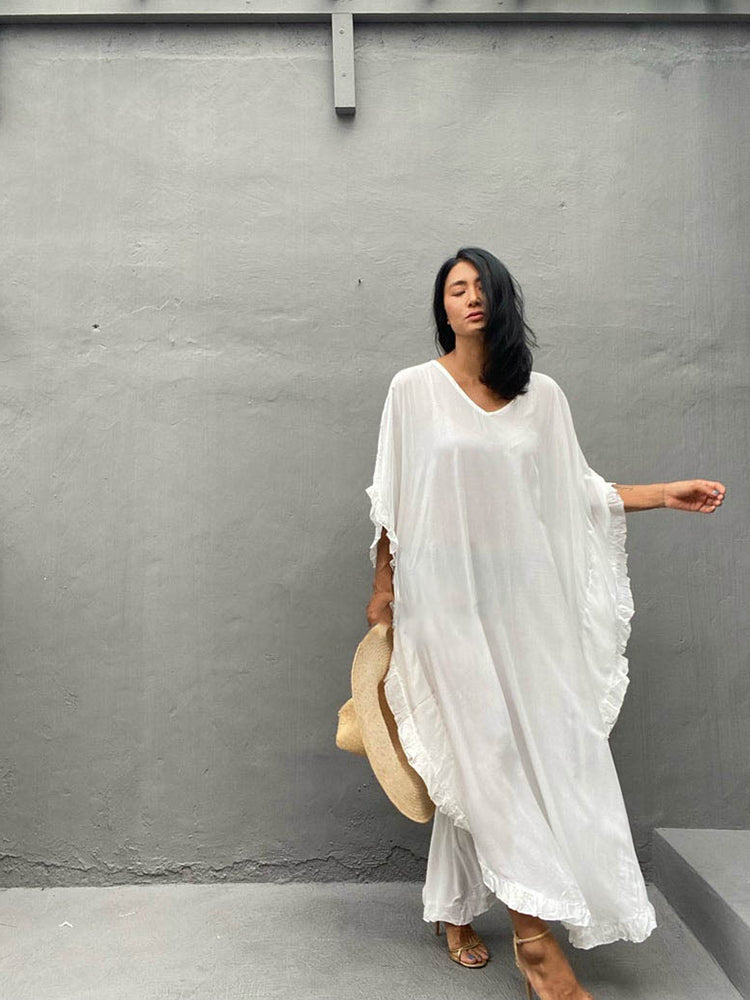 Boho Maxi Dress, Beach Dress,Kaftan Ruffle Dress, Wren White