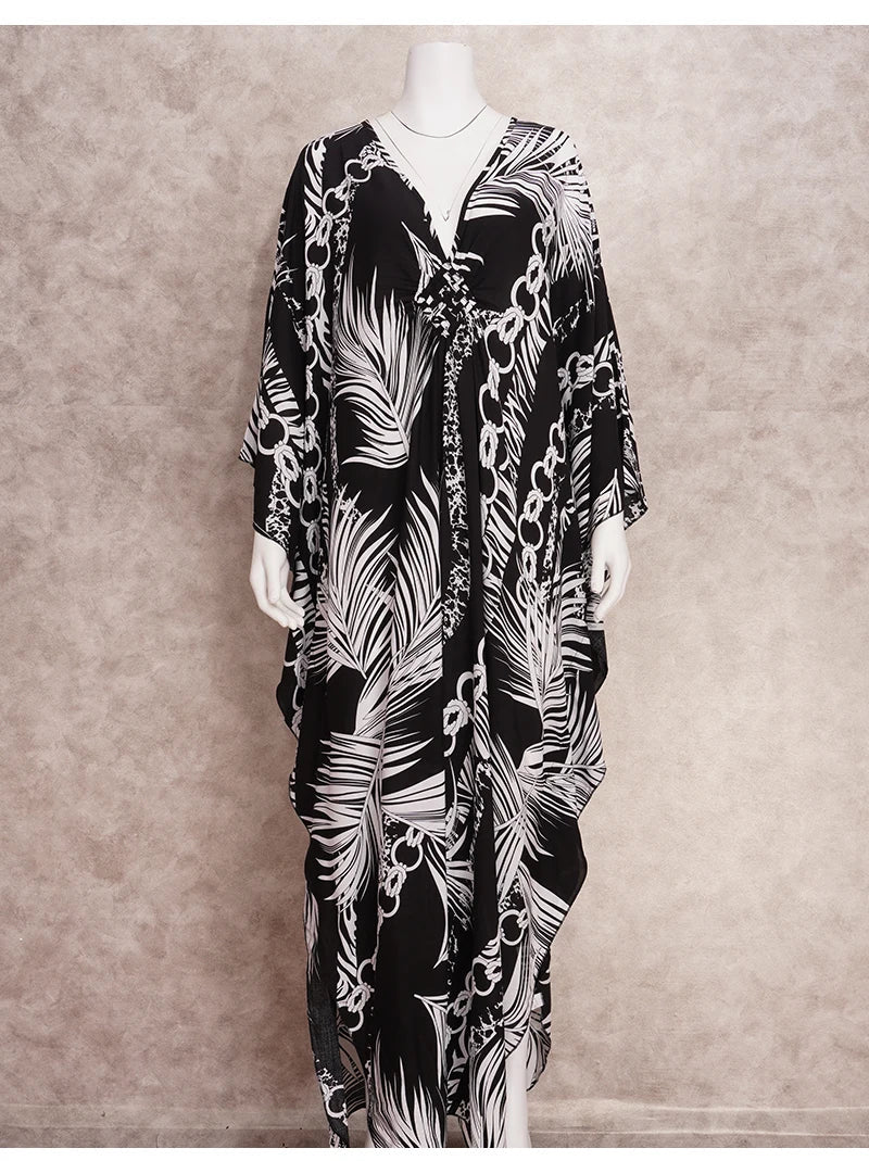 Boho Maxi Dress - Beach Dress, Kaftan Dress Akari Black Coconut Leaf