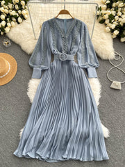 Maxi Dress, Boho Vintage Pleated Dress, Beau Gown in Blue, Yellow, Orange and Pink