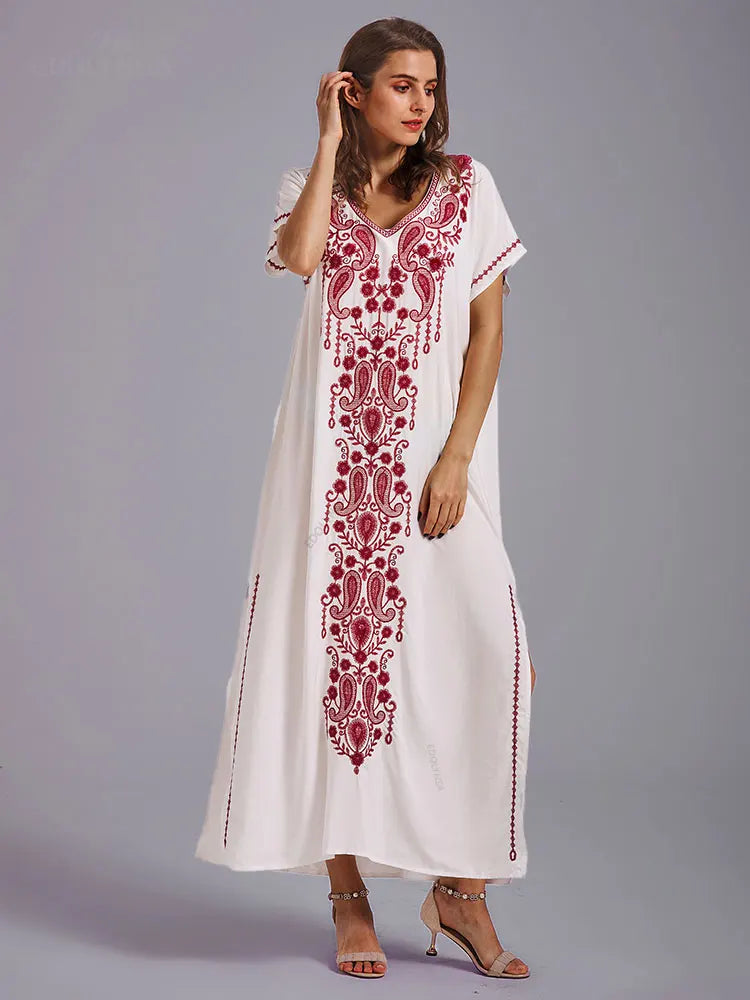 Boho Maxi Dress - Beach Dress, Kaftan Dress Vintage Embroidered in Myla Navy White and Black