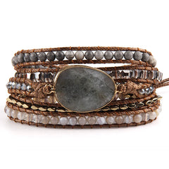 Boho Bracelet - RH 5-Layer Leather Wrap with Oval Pink Natural Stones