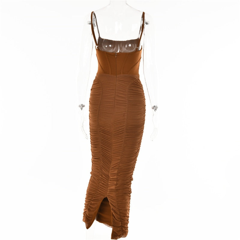 Boho Camis Dress, Party Bodycon Dress, Corset Ruched Maxi Dress, Claire in  Black and Brown