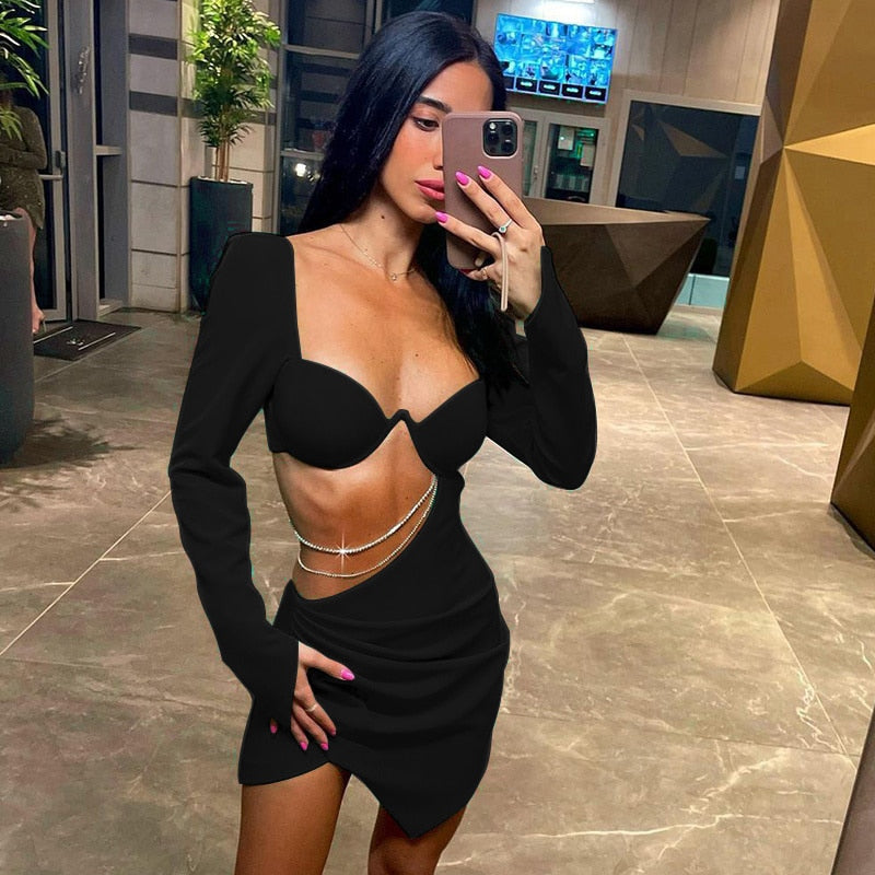 Boho Camis Dress, Party Bodycon Boho Mini Dress, Diamond Chain Hollow Out, Remy in Green and Black