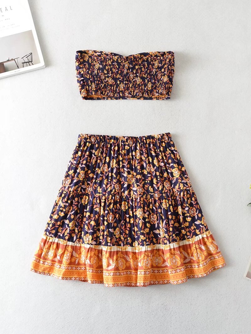Boho Two Piece Set, Crop Top and Skirt, Navy Water Lily