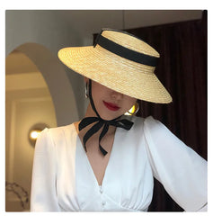 Boho Hat - Wide Brim Straw Sun Hat with Vintage Style Amy Black Ribbon