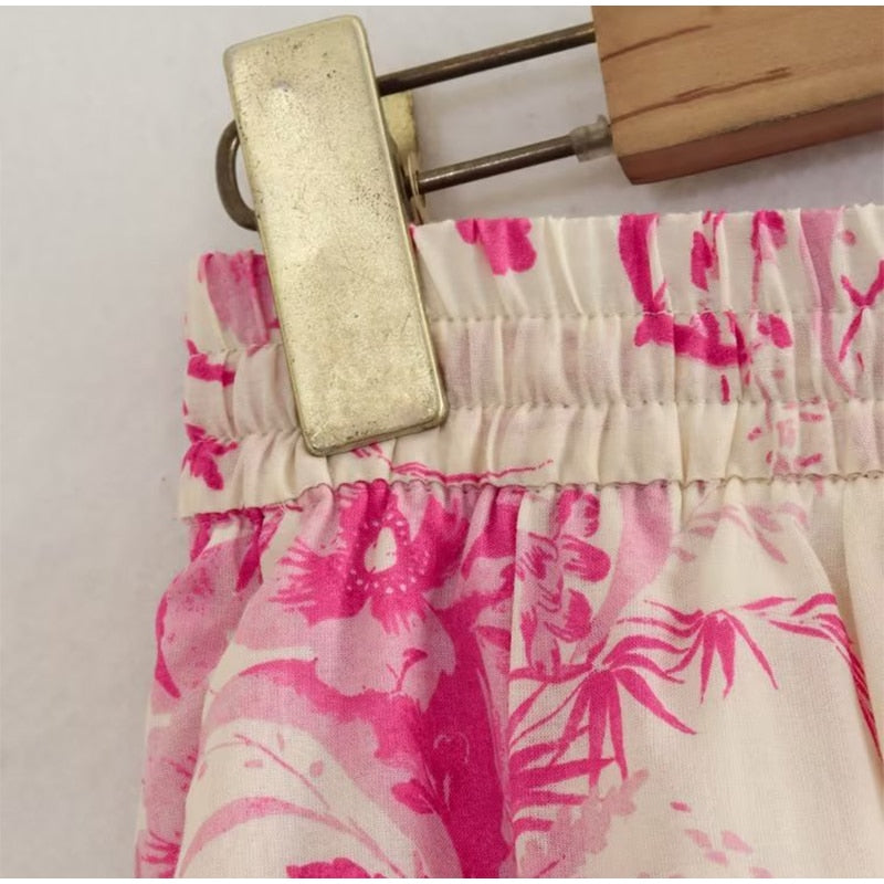Boho Two Piece Set - Crop Top and Skirt for Summer Vacation Beach Vibes Pink Garden