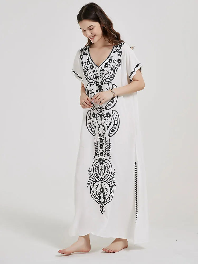 Boho Maxi Dress - Beach Dress, Kaftan Dress Vintage Embroidered in Myla Navy White and Black