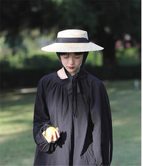 Boho Hat - Wide Brim Straw Sun Hat with Vintage Style Bamby Black Ribbon