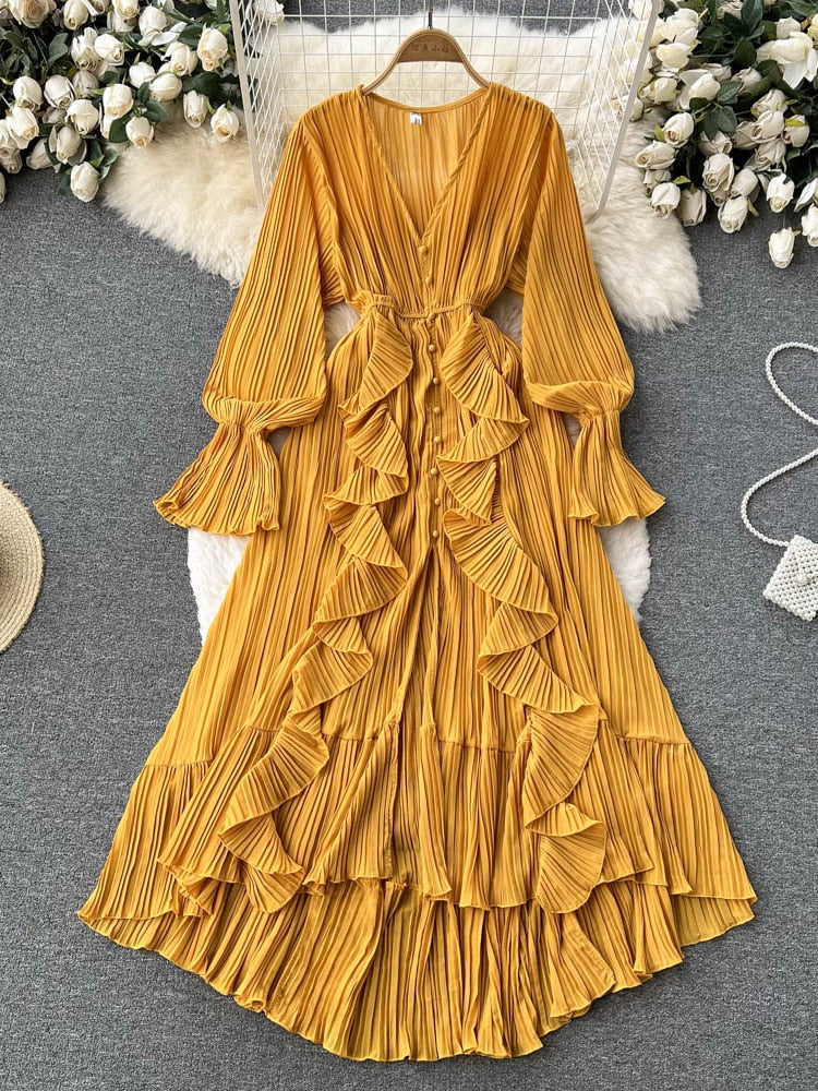 Maxi Dress, Boho Vintage Pleated Dress, Josephine Gown in Purple, Yellow, Pink and Brown