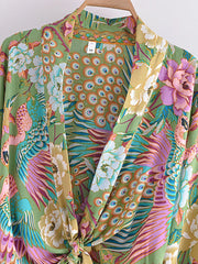 Boho Kimono Robe - Beach Cover-up in Peacock Green Gold