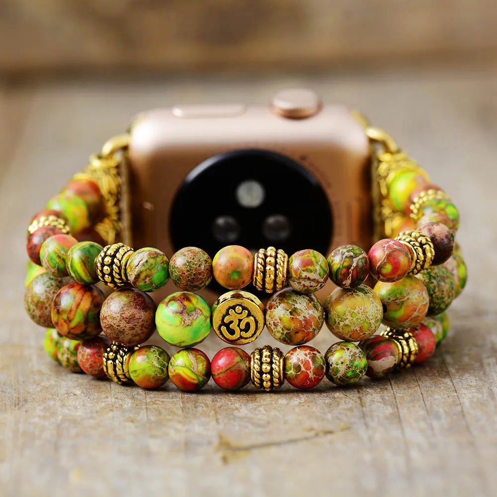 Boho Apple Watch Band - Silver Gothic Purple Jaspers Beads Wrist Stretch Bracelet