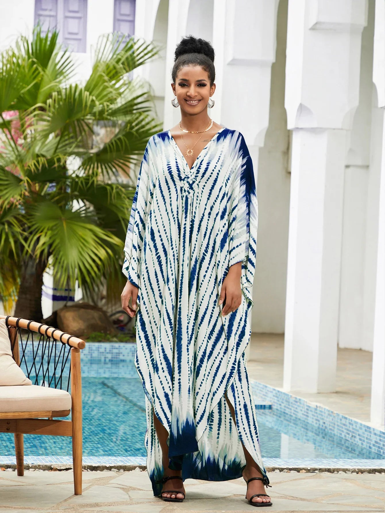 Boho Maxi Dress - Beach Dress, Kaftan Dress Vintage Embroidered in Danica Tie Dye Navy