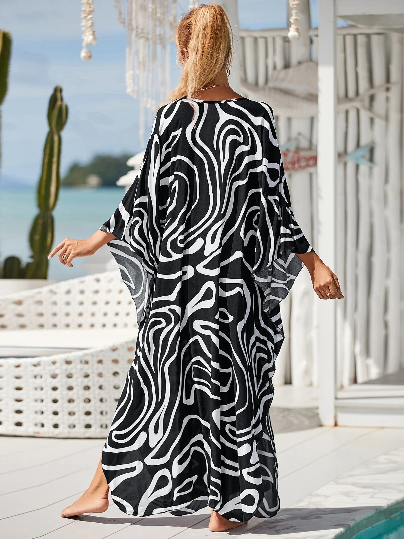 Boho Maxi Dress - Beach Dress, Kaftan Dress in Zebra Black and White