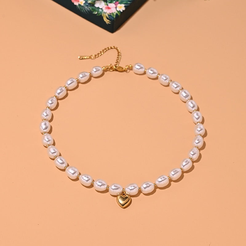 Boho Necklace, Peal Choker, White Sea Shell with Heart