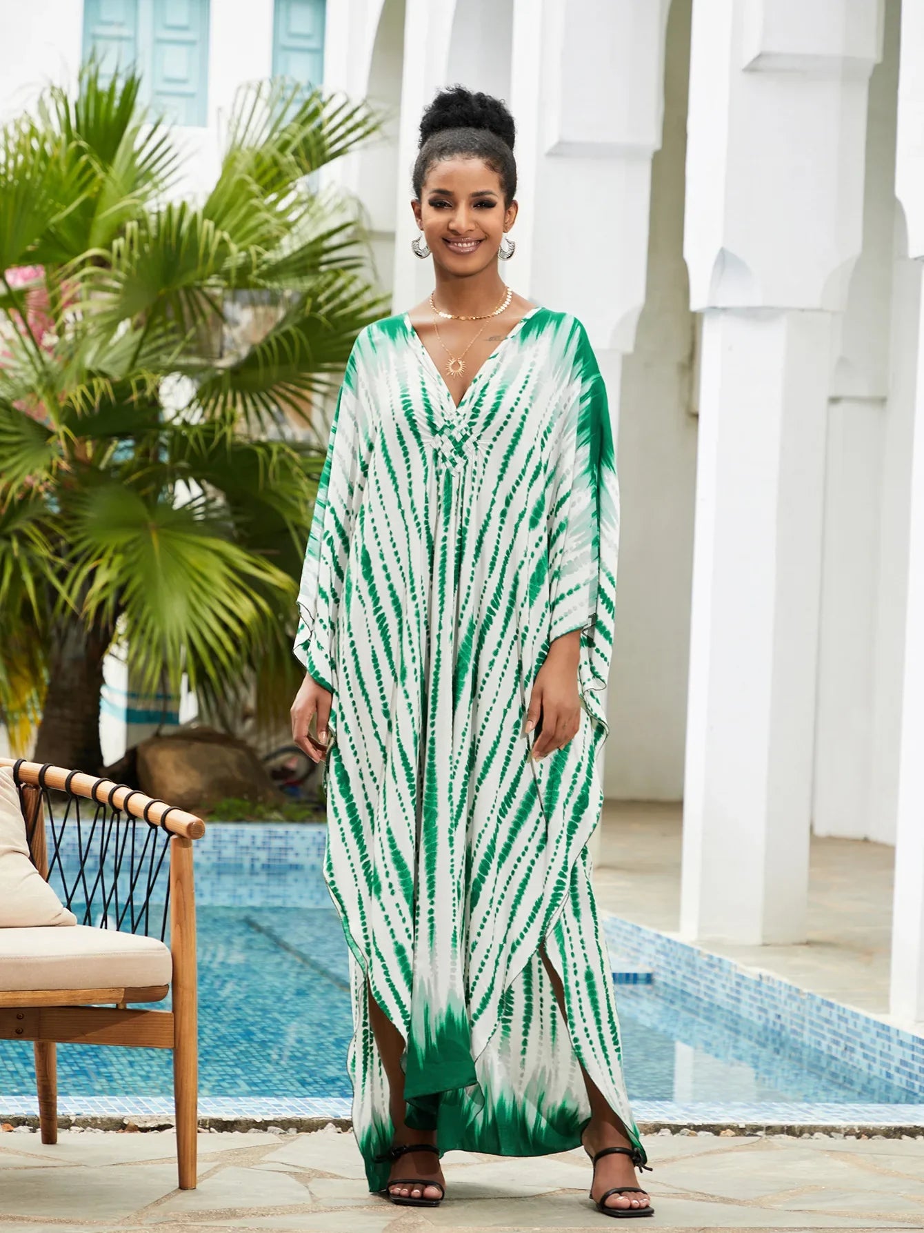 Boho Maxi Dress - Beach Dress, Kaftan Dress Vintage Embroidered in Danica Tie Dye Green