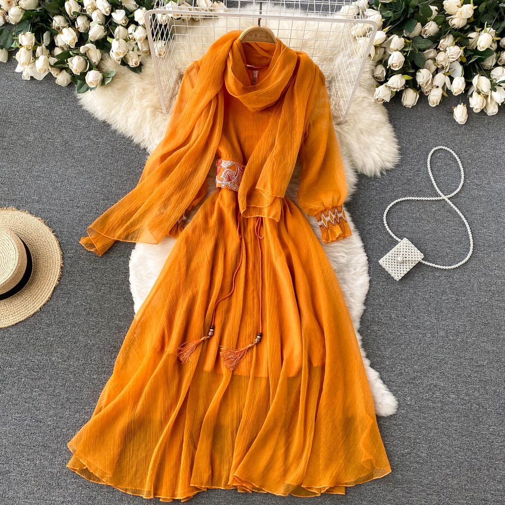 Maxi Dress with Matching Scarf, Boho Vintage Dress, Gown, Sahara in Gold
