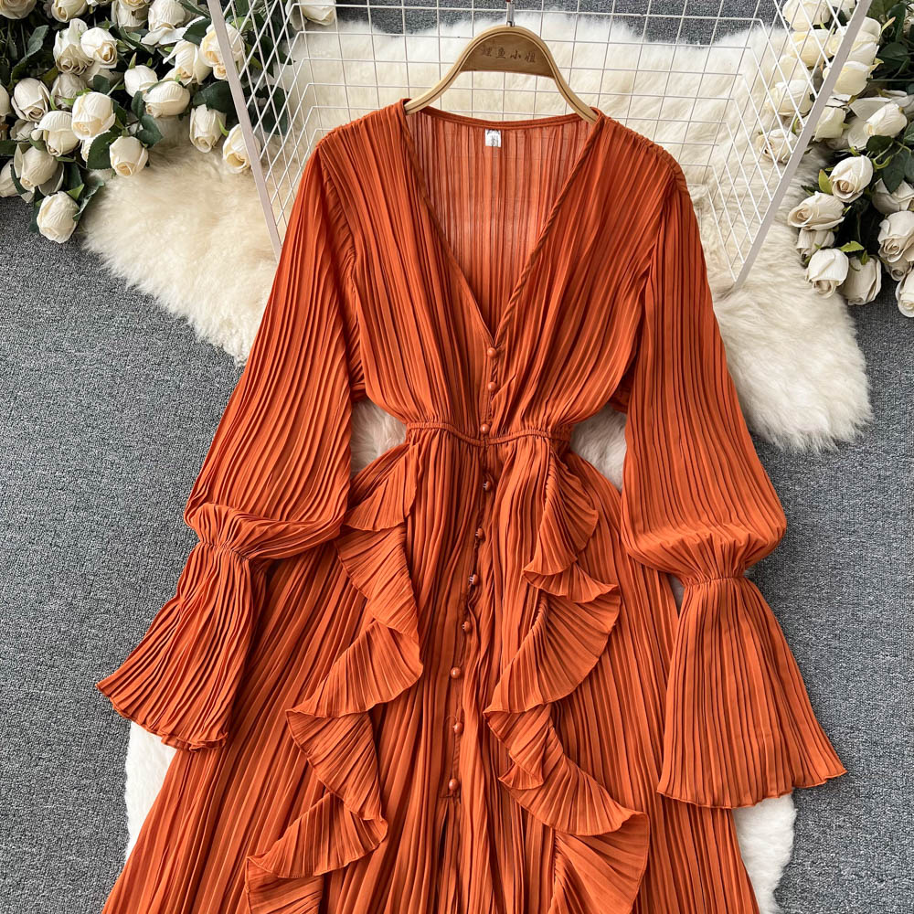 Maxi Dress, Boho Vintage Pleated Dress, Josephine Gown in Blue, Yellow, Orange and Pink
