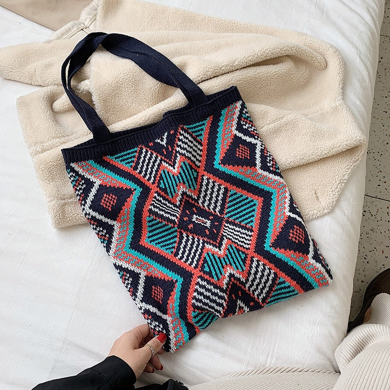 Boho Bag, Tote Bags, Crochet Tote, Knitted Shopper Handbags, Aztec Gypsy in 4 colors