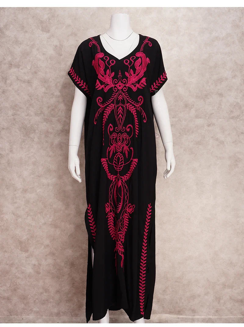 Boho Maxi Dress - Beach Dress, Kaftan Dress Vintage Embroidered in Myla Navy White and Black