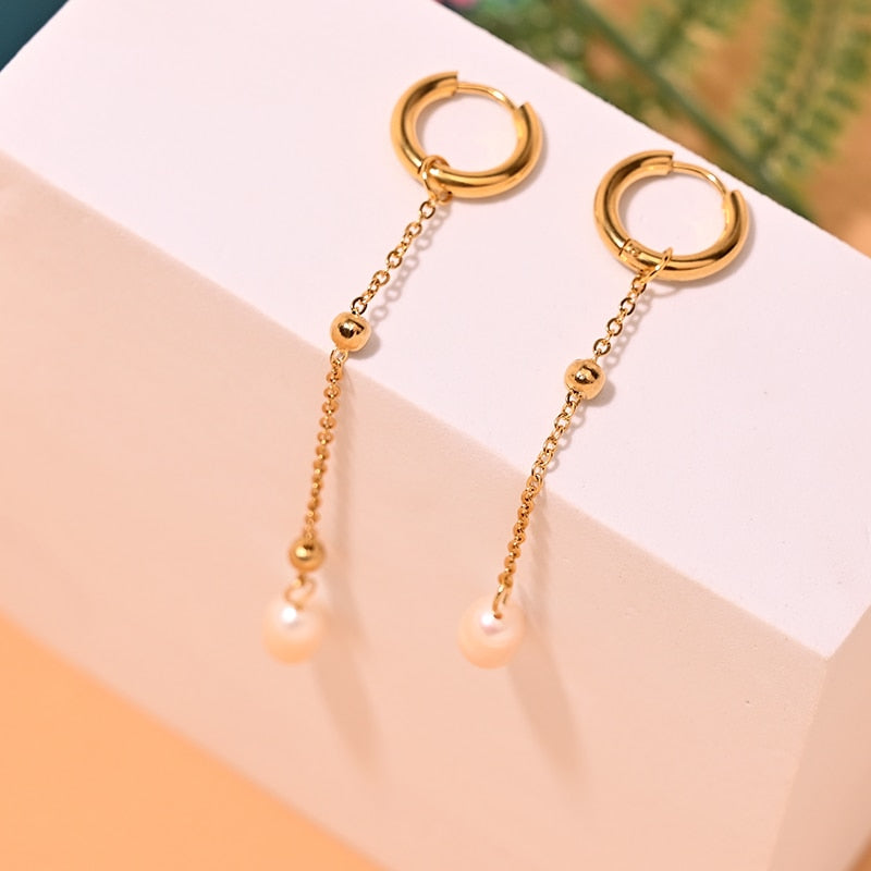 Boho Earrings, Dangle Earrings, Peal with Gold Chain