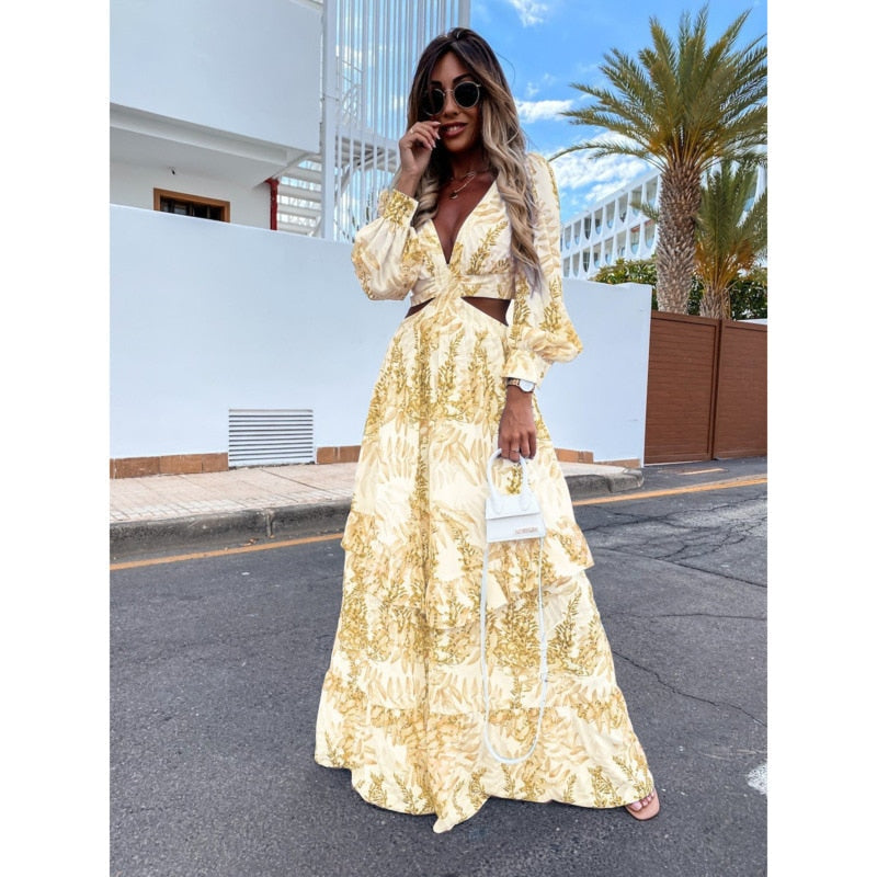 Sex Backless Hollow Out Lantern Sleeve Beach Dress Cover Up