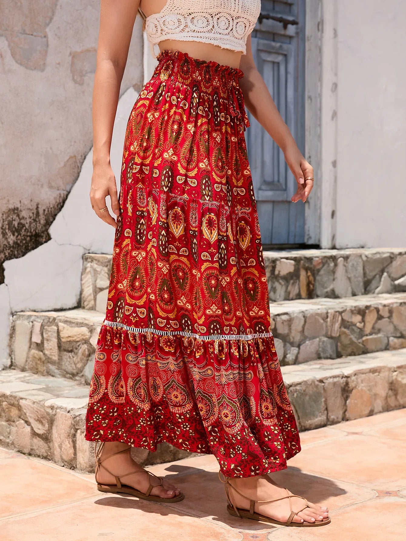 Boho Maxi Skirt - Hippie Style in  Red Peacock