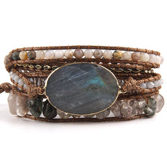 Boho Bracelet - RH 5-Layer Leather Wrap with Oval Nyx Natural Stones