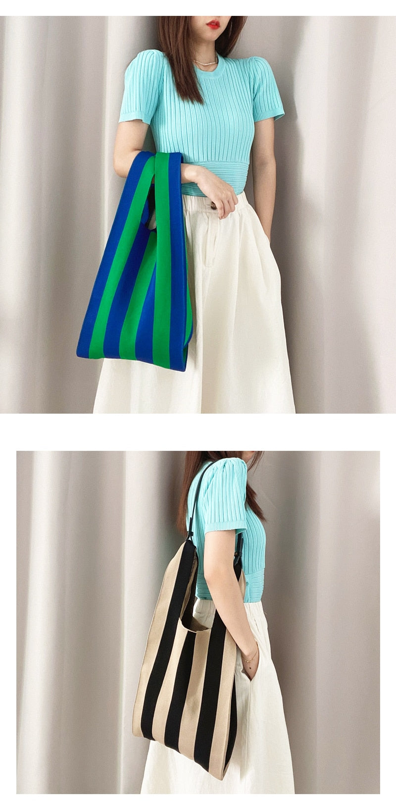 Boho Bag, Eco Tote Bags, Crochet Tote, Knitted Shopper Handbags, Striped in 5 colors