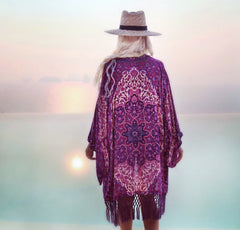 Boho Robe, Kimono Robe, Beach Cover up, Short Robe, Peacock Violet
