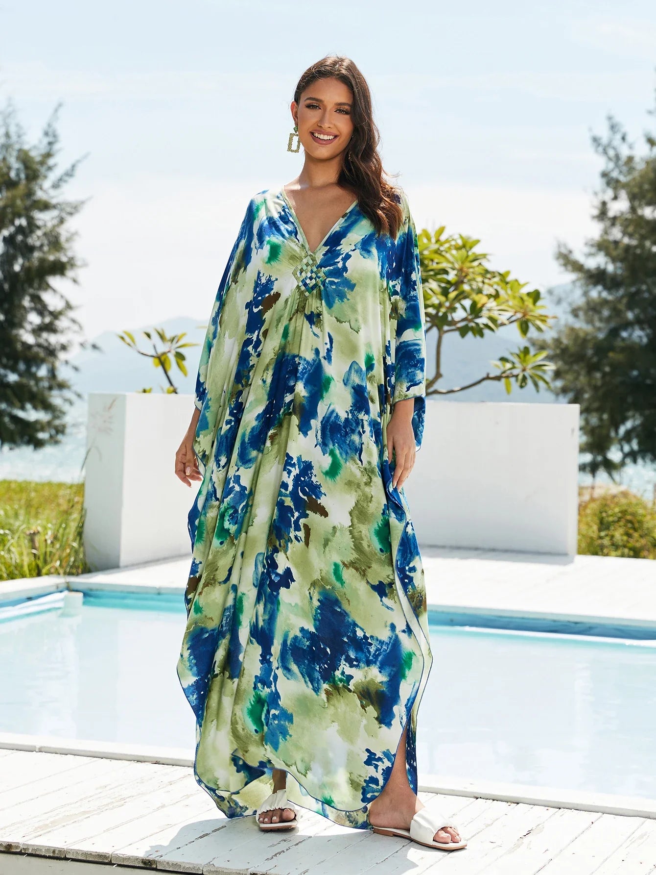 Boho Maxi Dress - Beach Dress, Kaftan Dress Vintage Embroidered in Danica Tie Dye Green Jobelle