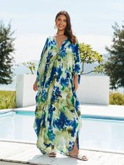 Boho Maxi Dress - Beach Dress, Kaftan Dress Vintage Embroidered in Danica Tie Dye Green Jobelle