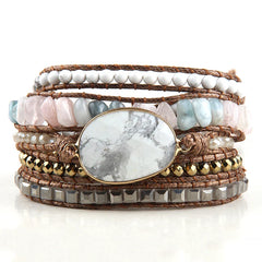 Boho Bracelet - RH 5-Layer Leather Wrap with Oval Jasper Natural Stones