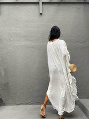 Boho Maxi Dress, Beach Dress,Kaftan Ruffle Dress, Wren White