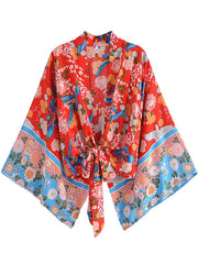 Boho Two Piece Set, Top and Palazzo Pant, Red Peony Blue Bird