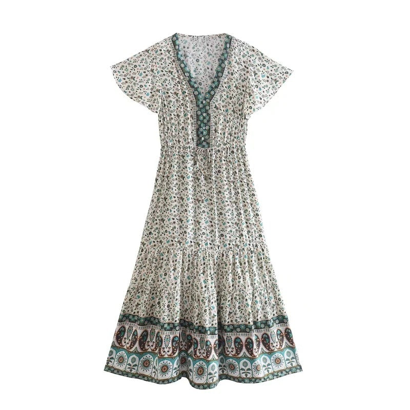 Boho Midi Dress, Sundress, Quincy in Green and Pink