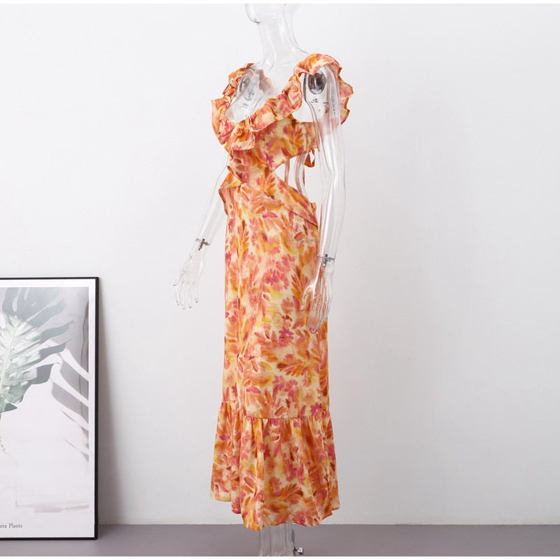 Boho Beach Dress - Ruffled Floral Dress for Your Summer Vacation Vibes - Tie Dye Orange Fall Leaf Delight
