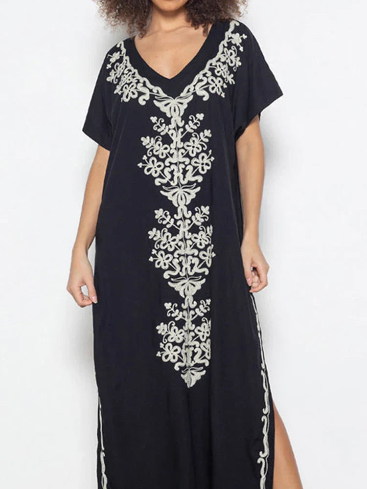 Boho Maxi Dress - Beach Dress, Kaftan Dress Vintage Embroidered in Myla Blue and Black