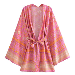 Boho Robe, Kimono Robe,  Beach Cover up, Short Robe, Amaryllis in Pink and Orange
