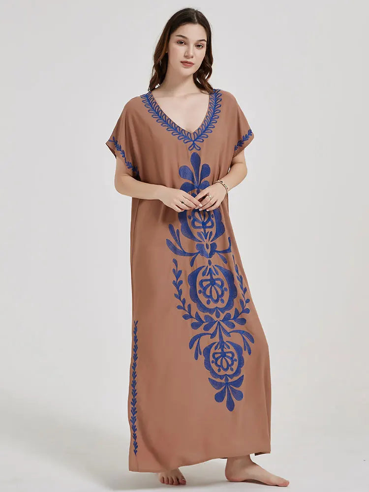 Boho Maxi Dress - Beach Dress, Kaftan Dress Vintage Embroidered in Myla Navy White and Black