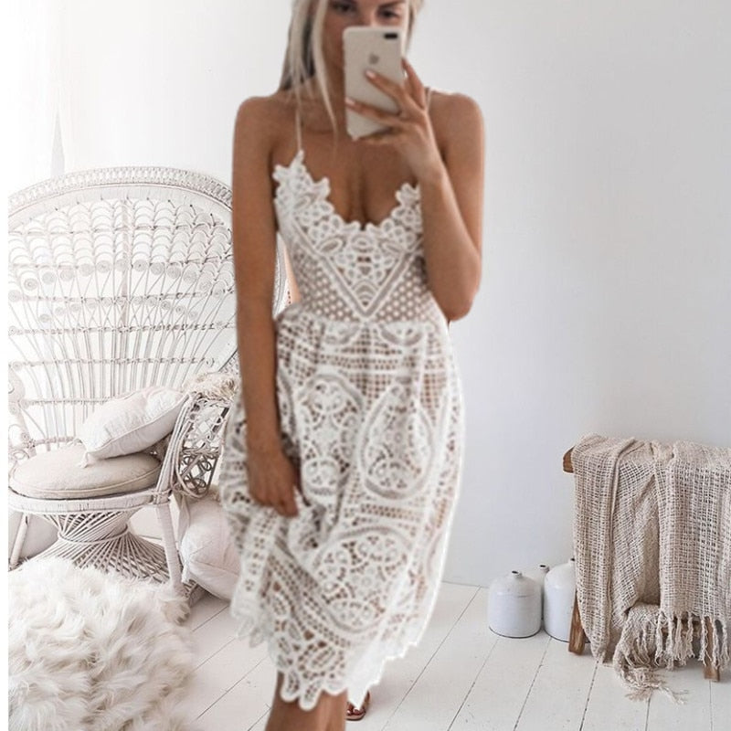 Boho Midi Dress, Sundress, Strapy Lace Chloe  in White, and Black