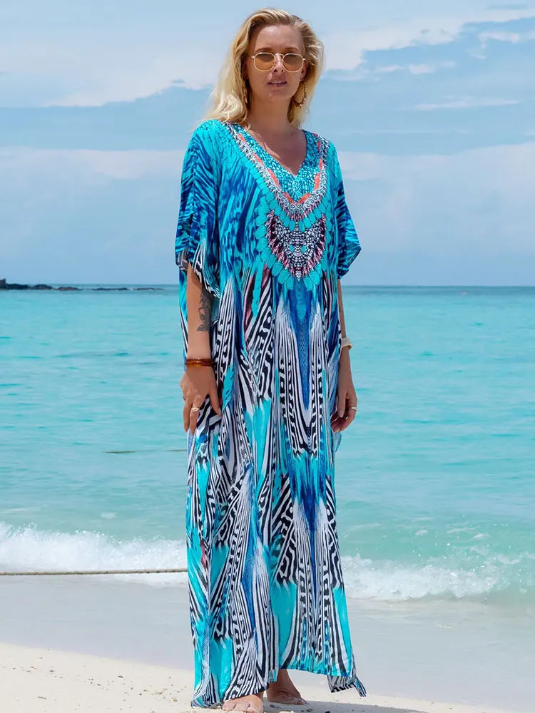 Boho Maxi Dress - Beach Dress, Kaftan Dress Allegra Blue Zebra