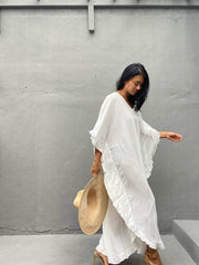 Boho Maxi Dress, Beach Dress,Kaftan Ruffle Dress, Wren White