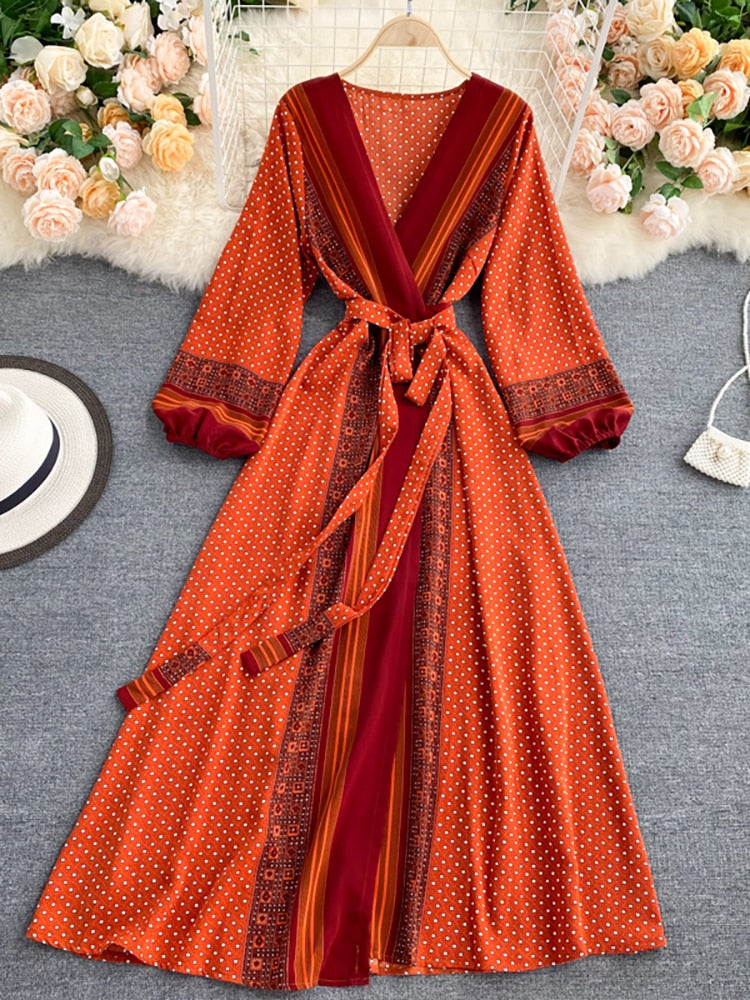 Vintage Dress, Boho Maxi Dress, Gown, India Dot in Brick, Brown and Gray
