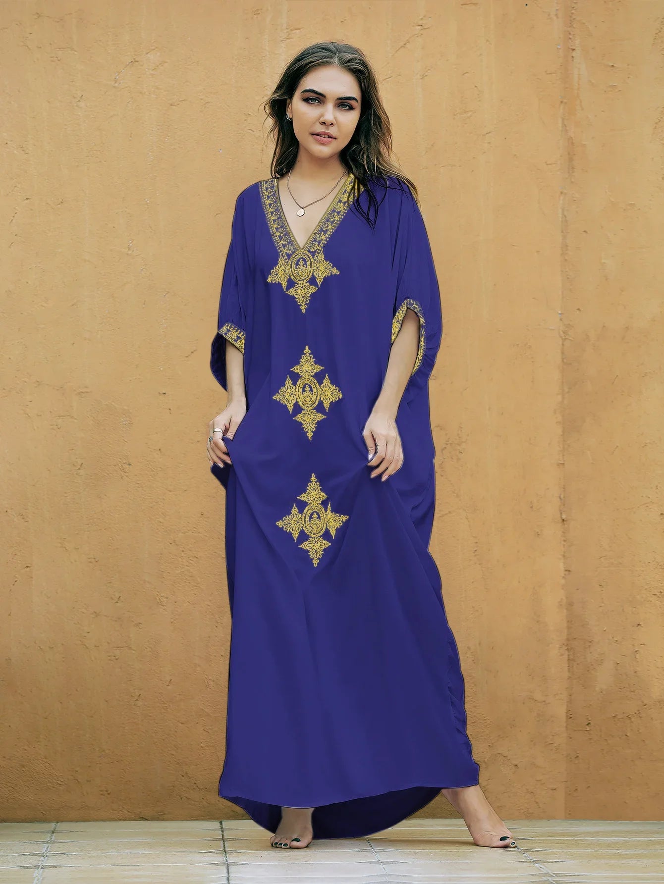 Boho Maxi Dress - Beach Dress, Kaftan Dress Vintage Embroidered in Liliana Navy