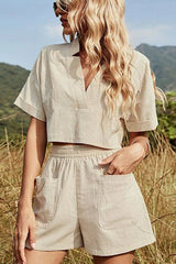 V Neck Crop Blouse Pockets Shorts Set