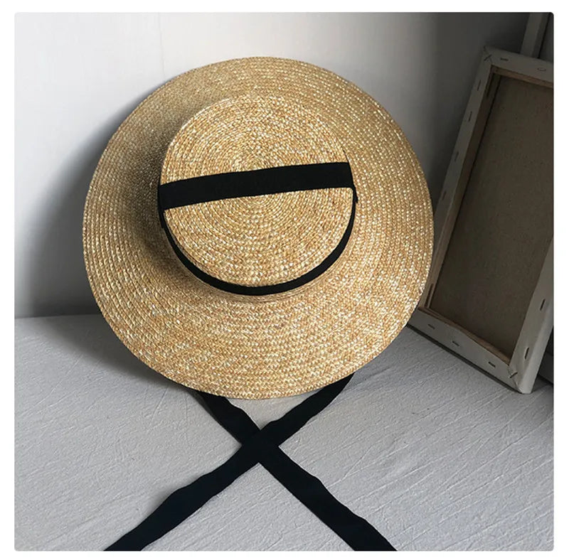 Boho Hat - Wide Brim Straw Sun Hat with Vintage Style Amy Black Ribbon