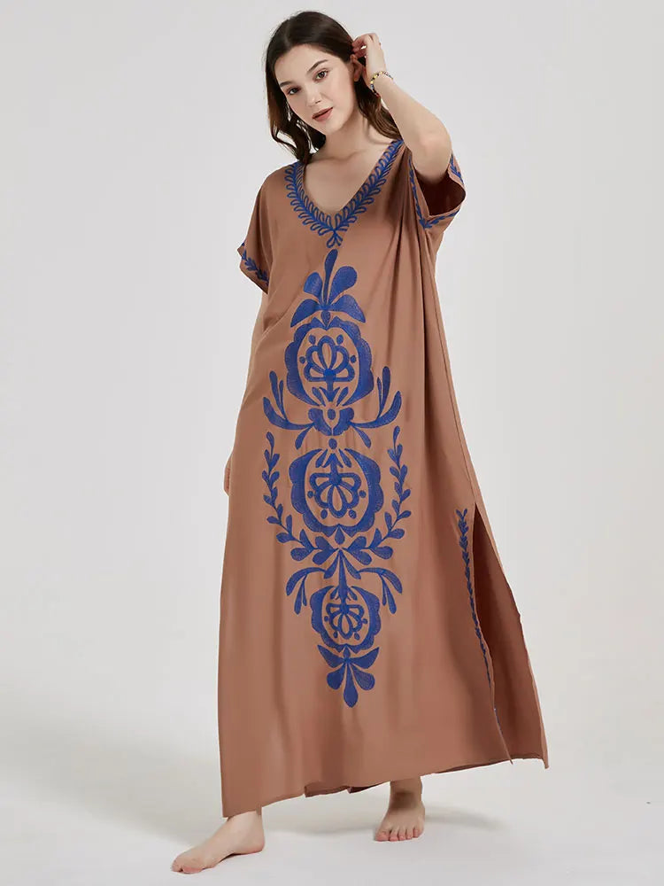 Boho Maxi Dress - Beach Dress, Kaftan Dress Vintage Embroidered in Myla Navy White and Black