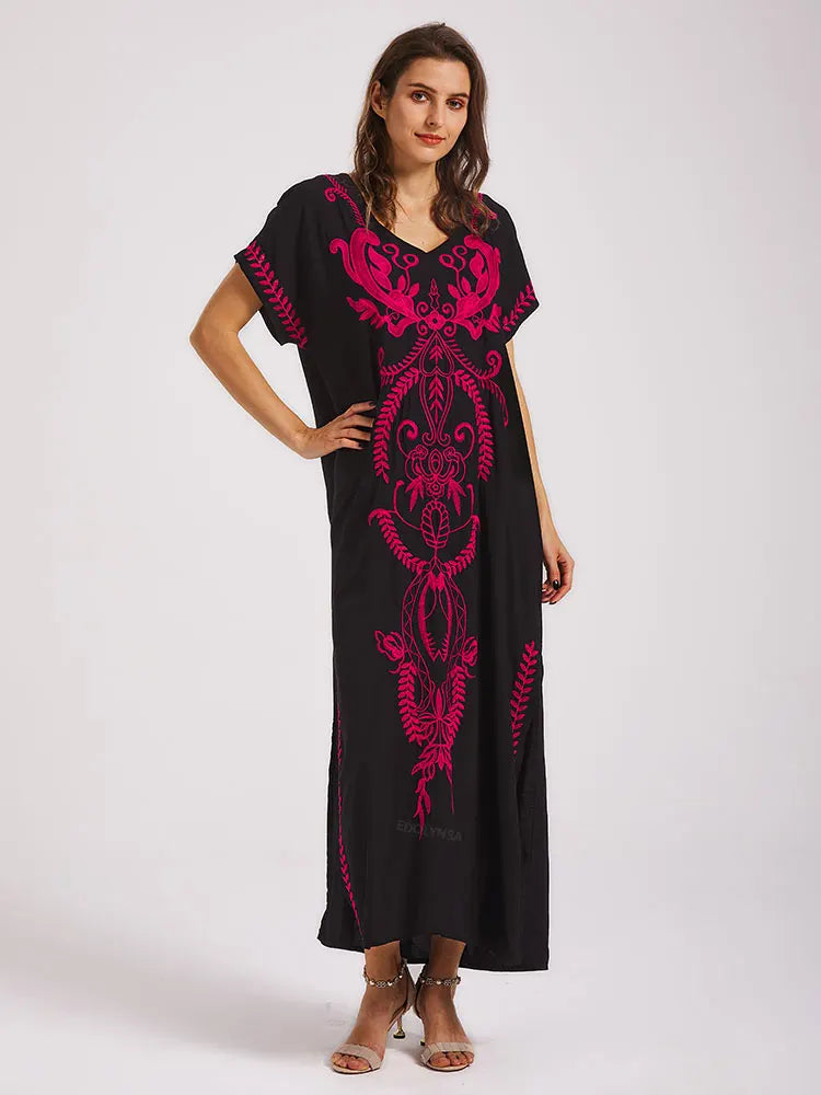 Boho Maxi Dress - Beach Dress, Kaftan Dress Vintage Embroidered in Myla Navy White and Black