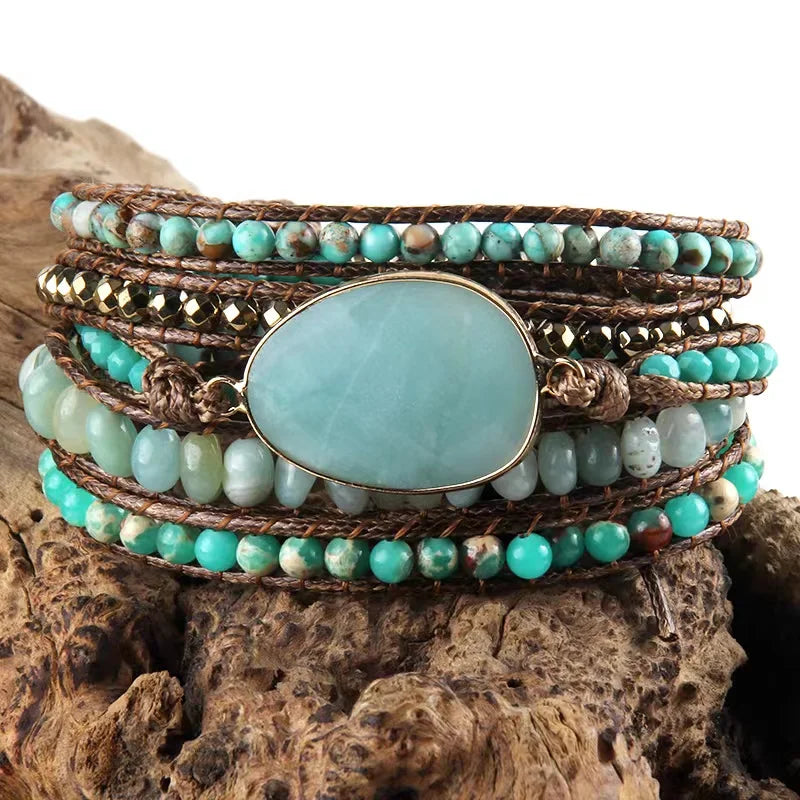 Boho Bracelet - RH 5-Layer Leather Wrap with Oval Violet Natural Stones